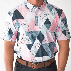 Yatta Golf Polo Shirt XXL White Pink Button Up Geometric Short Sleeve Men Black